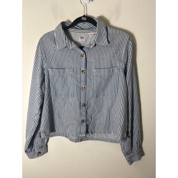 Levi's White and Blue Stripe Long Seeve Button Up Cotten Blend Shirt Sz M - Picture 1 of 2